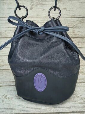 John Fluevog Navy Pebbled Leather Drawstring Bucket Bag Purple F Logo